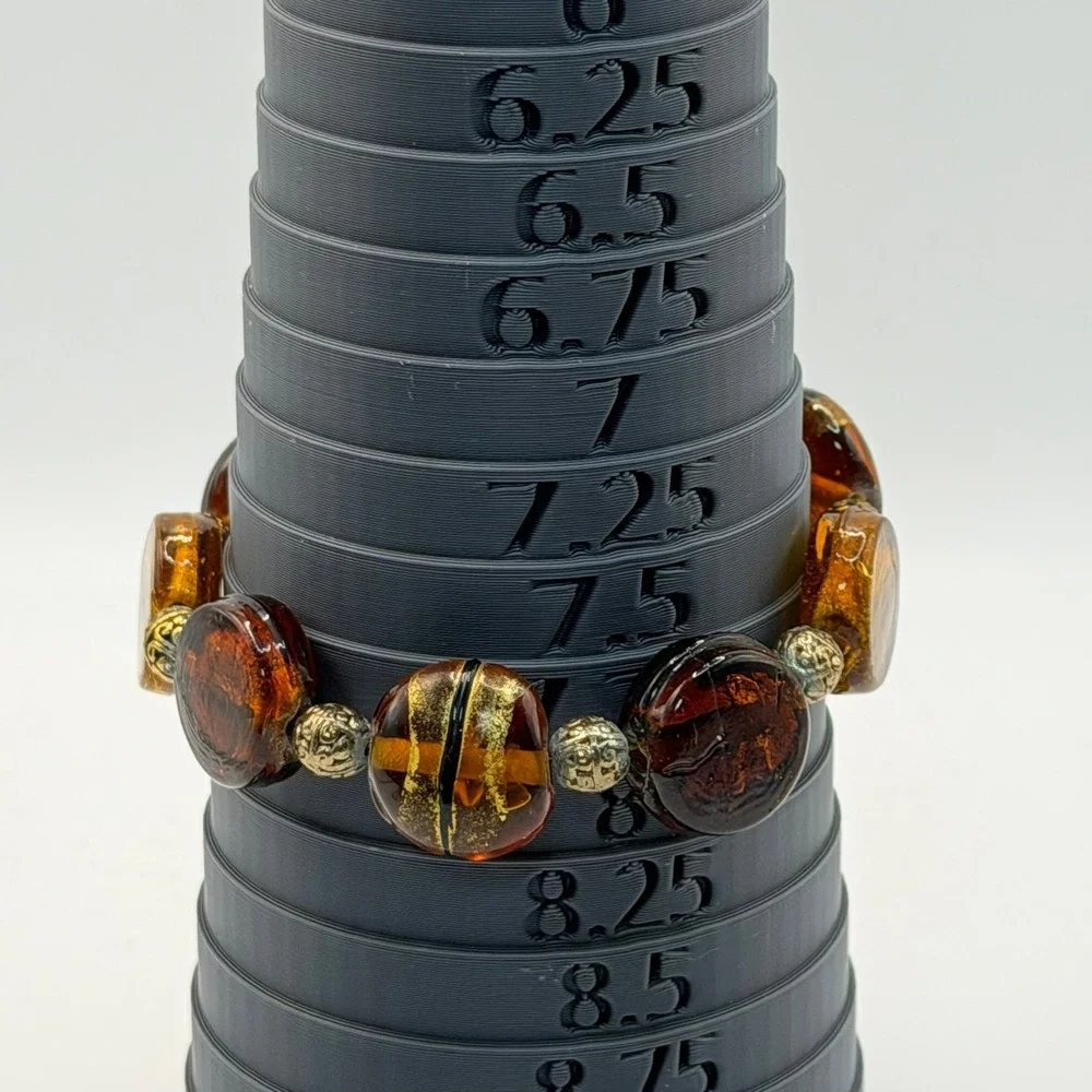 Murano Style Amber Gold Foil Art Glass Bead Bracelet Toggle Clasp Boho Statement